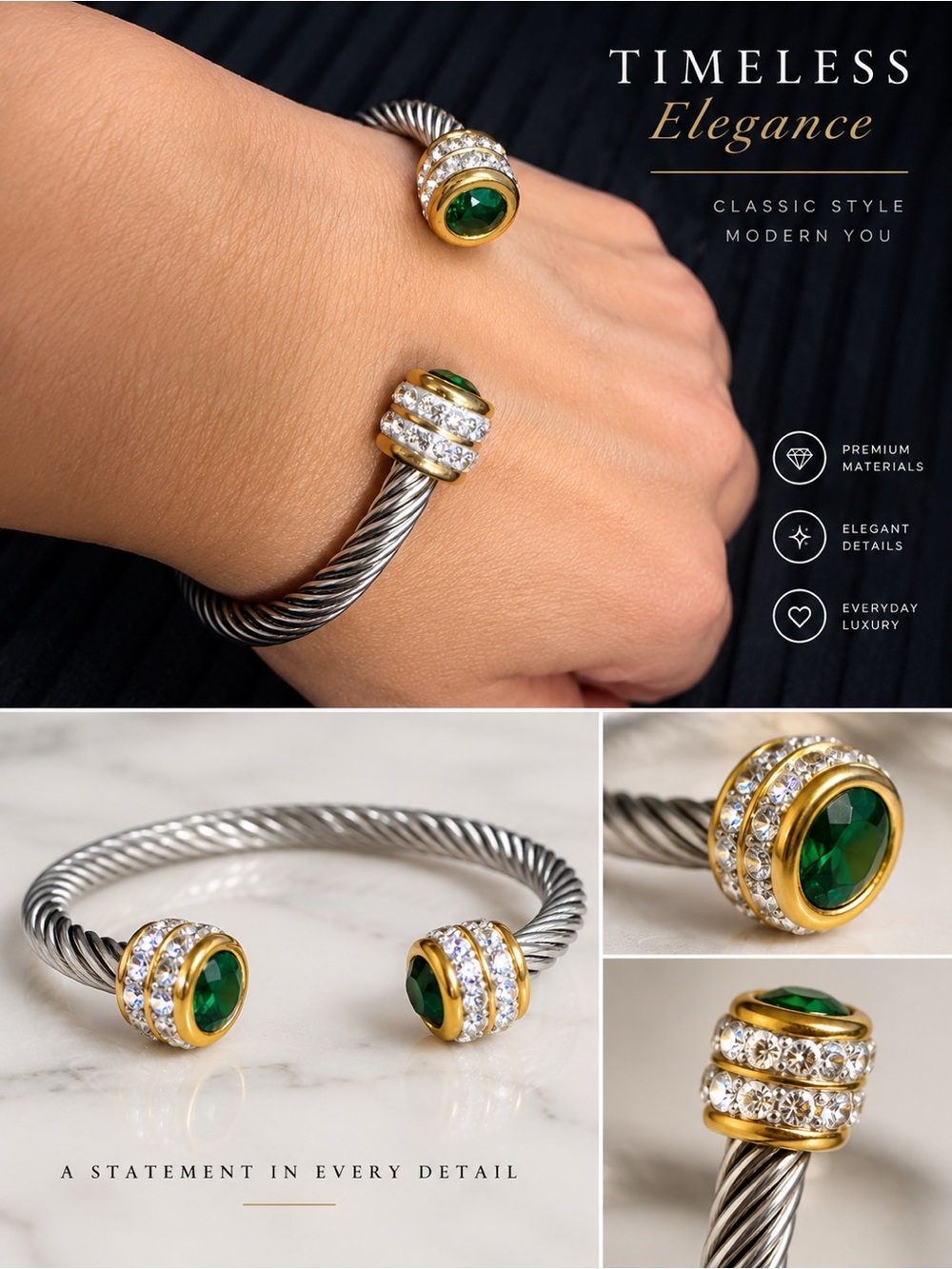Green Crystal Cable-Style Open Cuff Bracelet with Gold Accents
